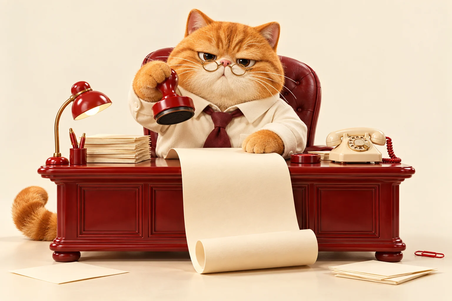 CATBUREAU's orange cat chairman with his red stamp