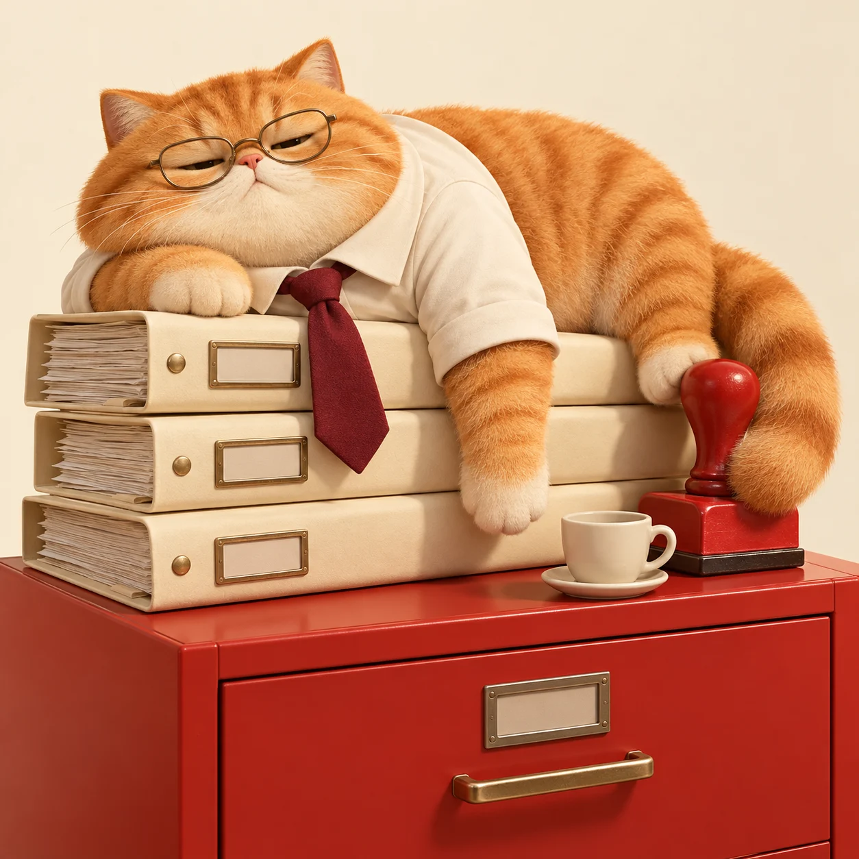 Mr. Chairman napping on a stack of paper folders beside his rubber stamp and espresso