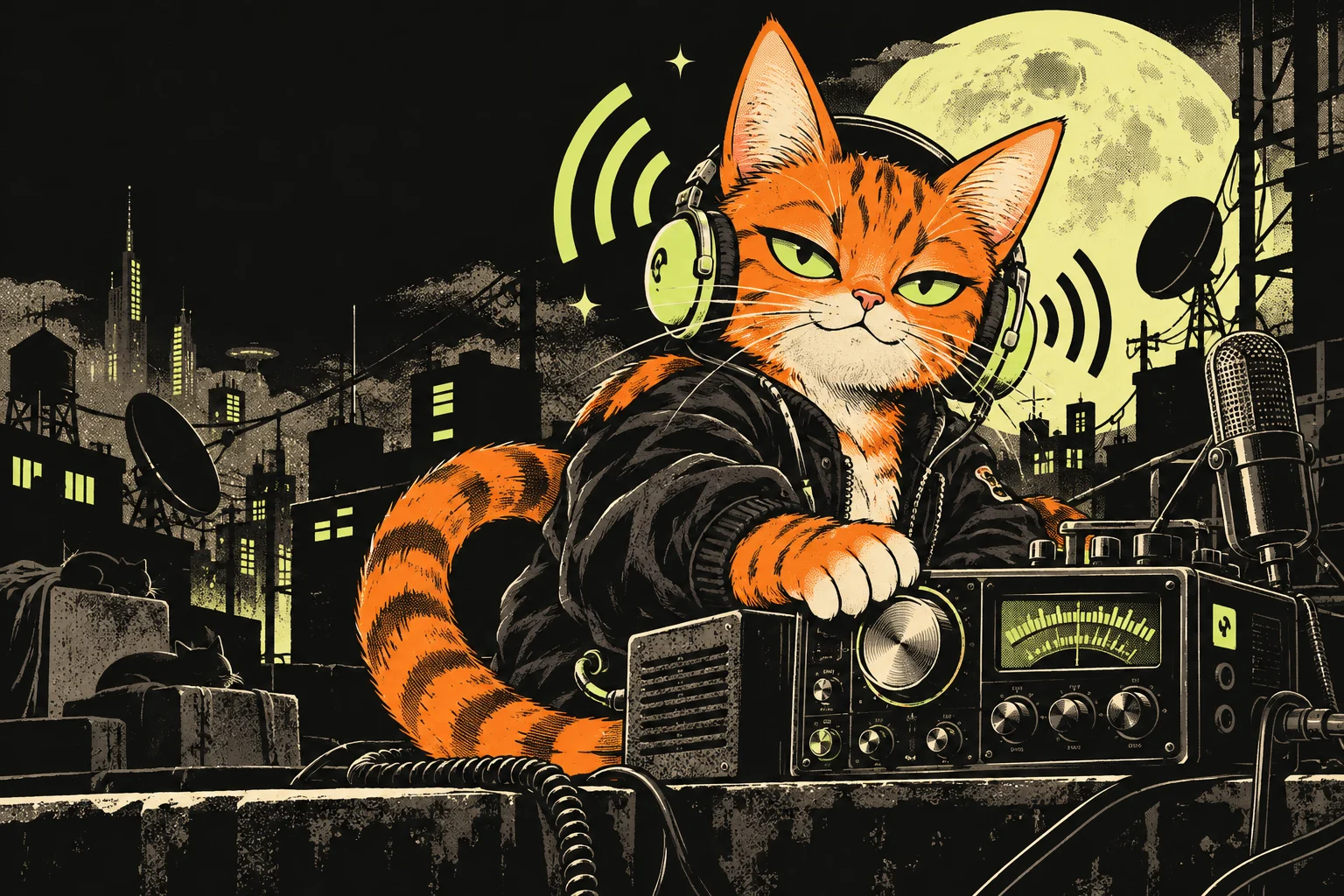 Orange CATSIGNAL pirate-radio cat against a lime moon