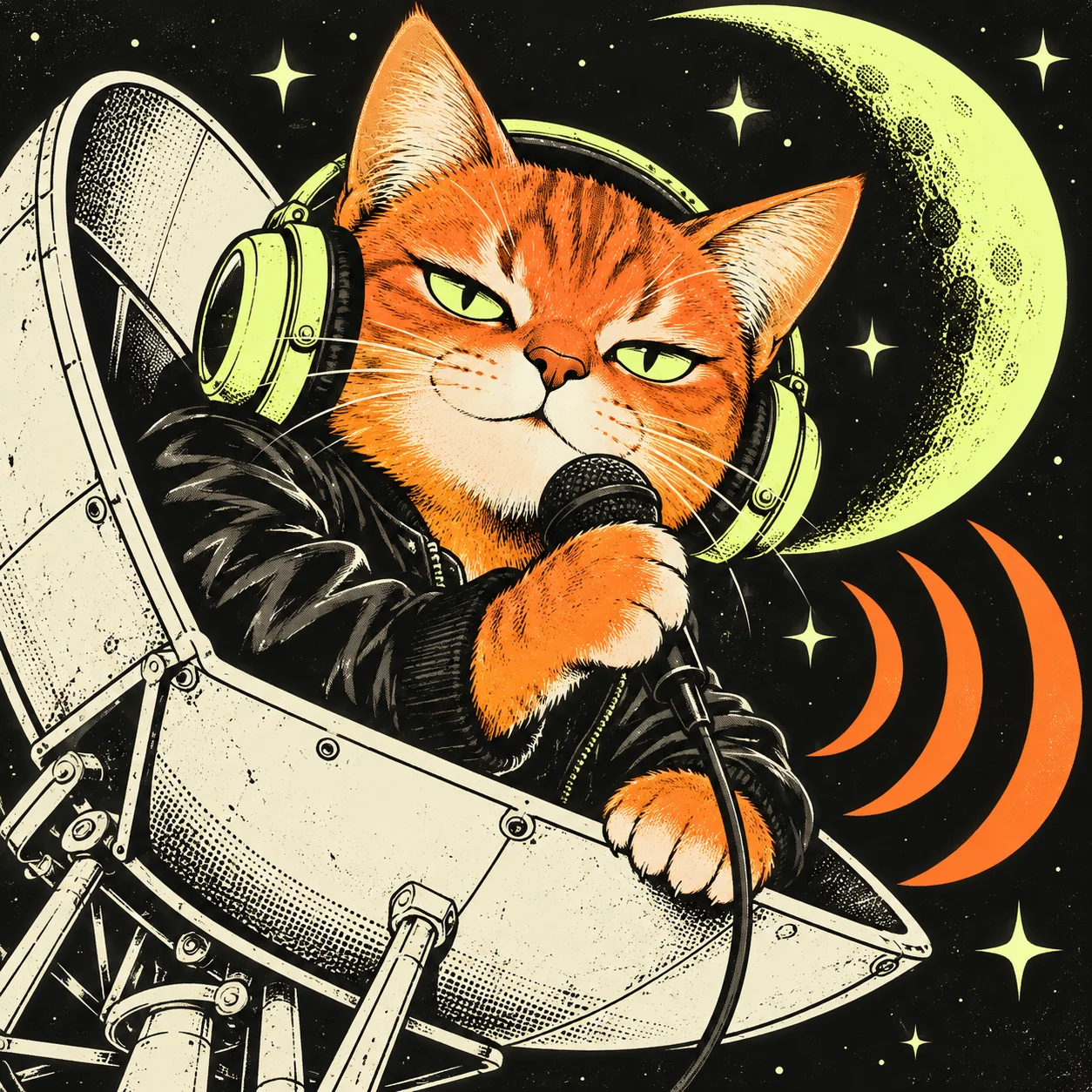 Headphone-wearing orange cat broadcasting from a satellite dish